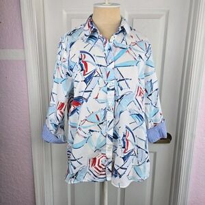 Chaps Vtg Umbrella Shirt Women's Size L Nautical Beach Classic‎ Button Up Cotton